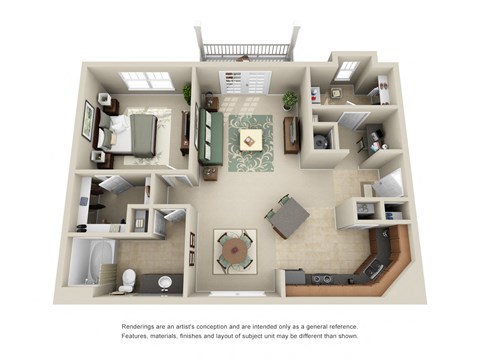 Floor plan for 1 bed, 1 bath, 943 sqft